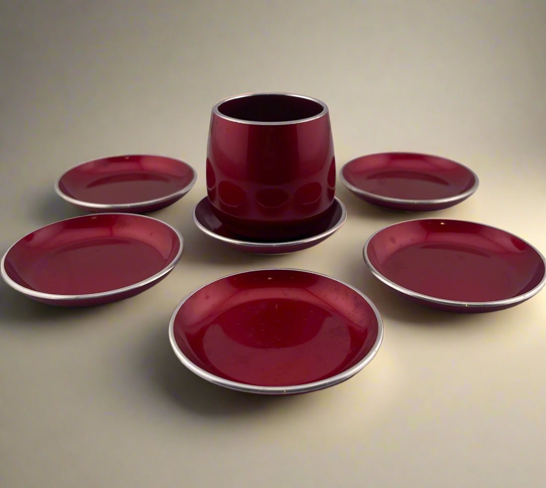 1960’s Vintage Emalox Norway Red Snack Set