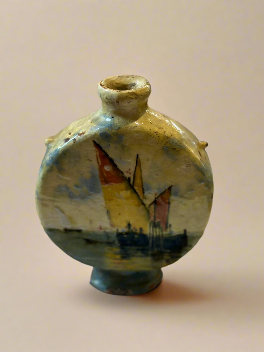 Glazed Ceramic Flask Vase with Boats