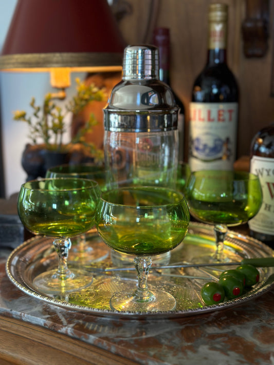 Set of 5 Vintage Green Cocktail Glasses