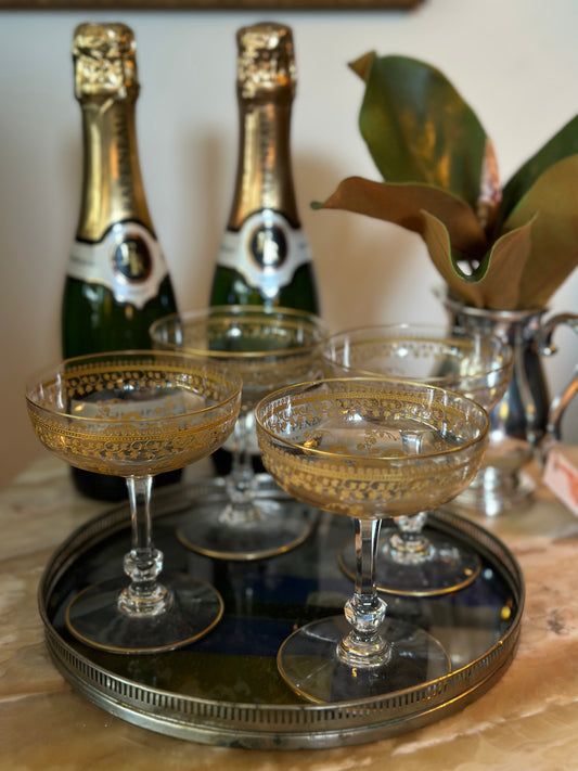 Set of 6 French Saint Louis Crystal Gold Encrusted Champagne Glasses