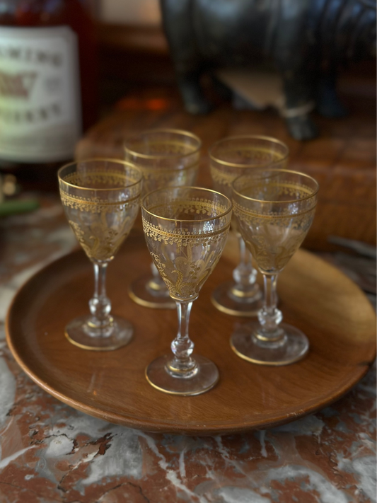 Set of 6 French Saint Louis Crystal Gold Encrusted Cordial
