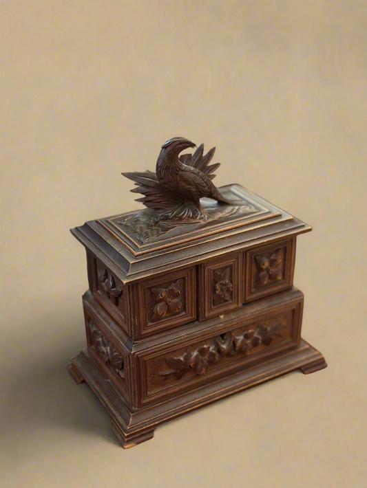 Antique Black Forest Carved Walnut Diminutive Jewelry Box